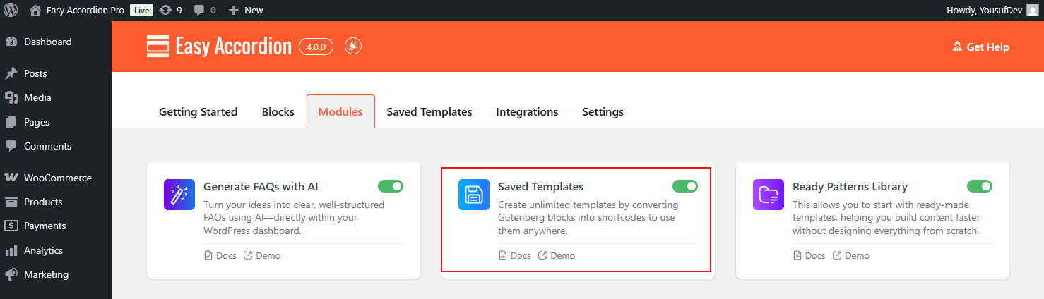 How to Enable the Saved Template Module using Easy Accordion