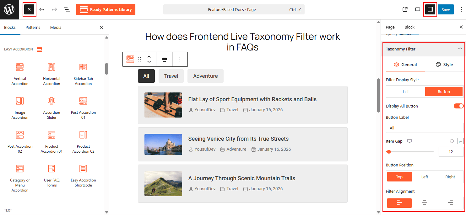How does Frontend Live Taxonomy Filter work in FAQs