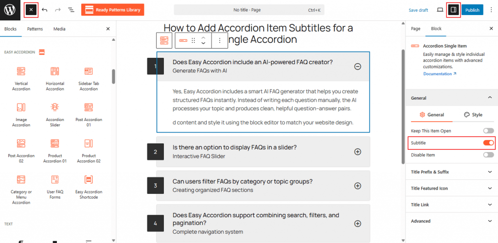 How to Add Accordion Item Subtitles for a Single Accordion