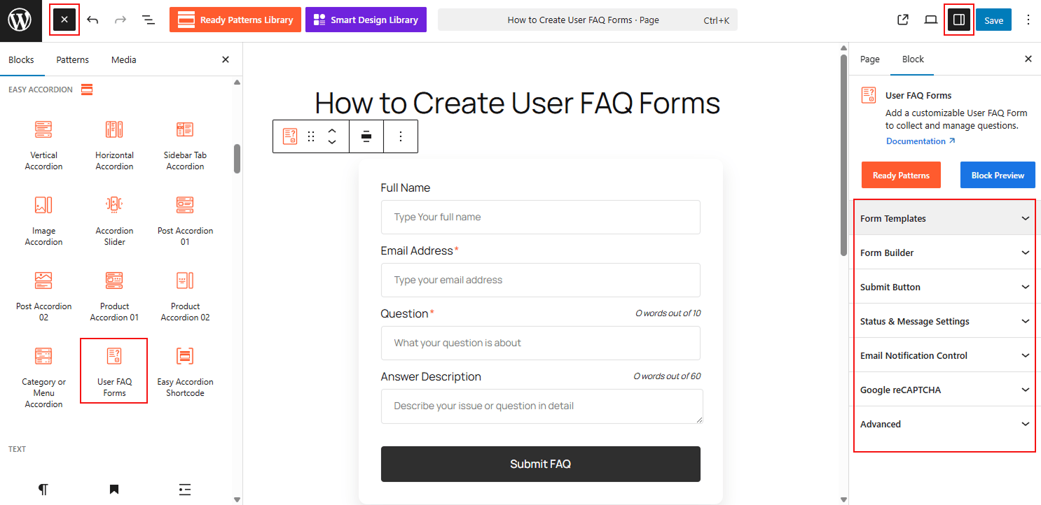 How to Create User FAQ Forms using Easy Accordion FAQ From Builder Block