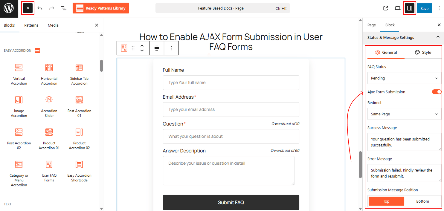 How to Enable AJAX Form Submission in User FAQ Forms