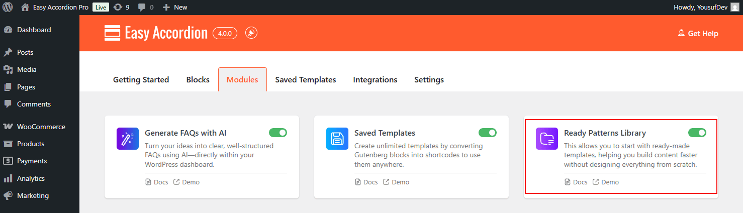 Ready Patterns Library – Easy Accordion Docs
