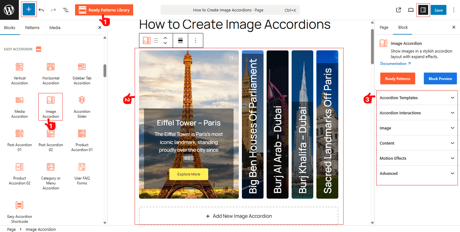 How to Add Image Accordions Block from Patterns Library