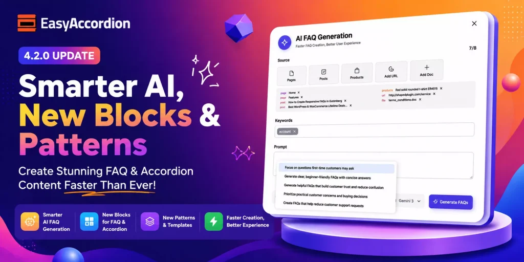 featured image for the blog Easy Accordion 4.2.0: Smarter AI, New Blocks & Patterns for FAQ & Accordion